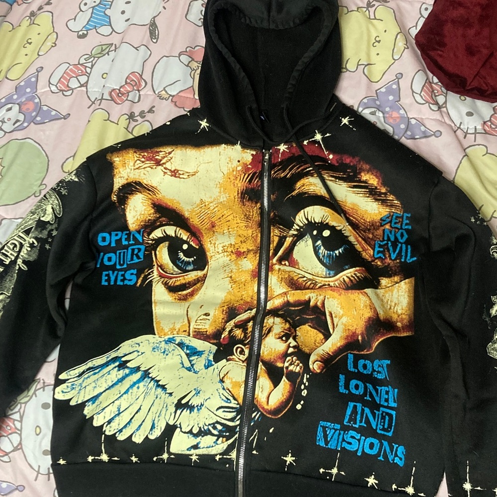 SHEIN Black Graphic Zip-Up Hoodie